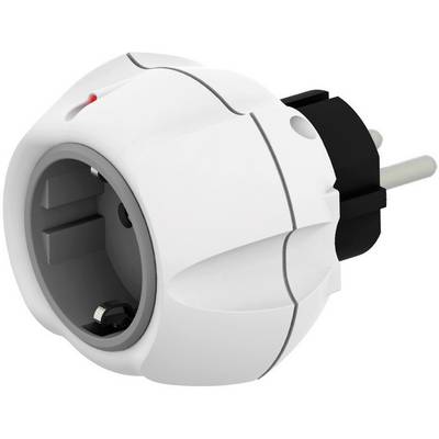 Vit, rund vägguttag med svart stickkontakt och litet rött ljus på sidan, visar modern elektrisk design.