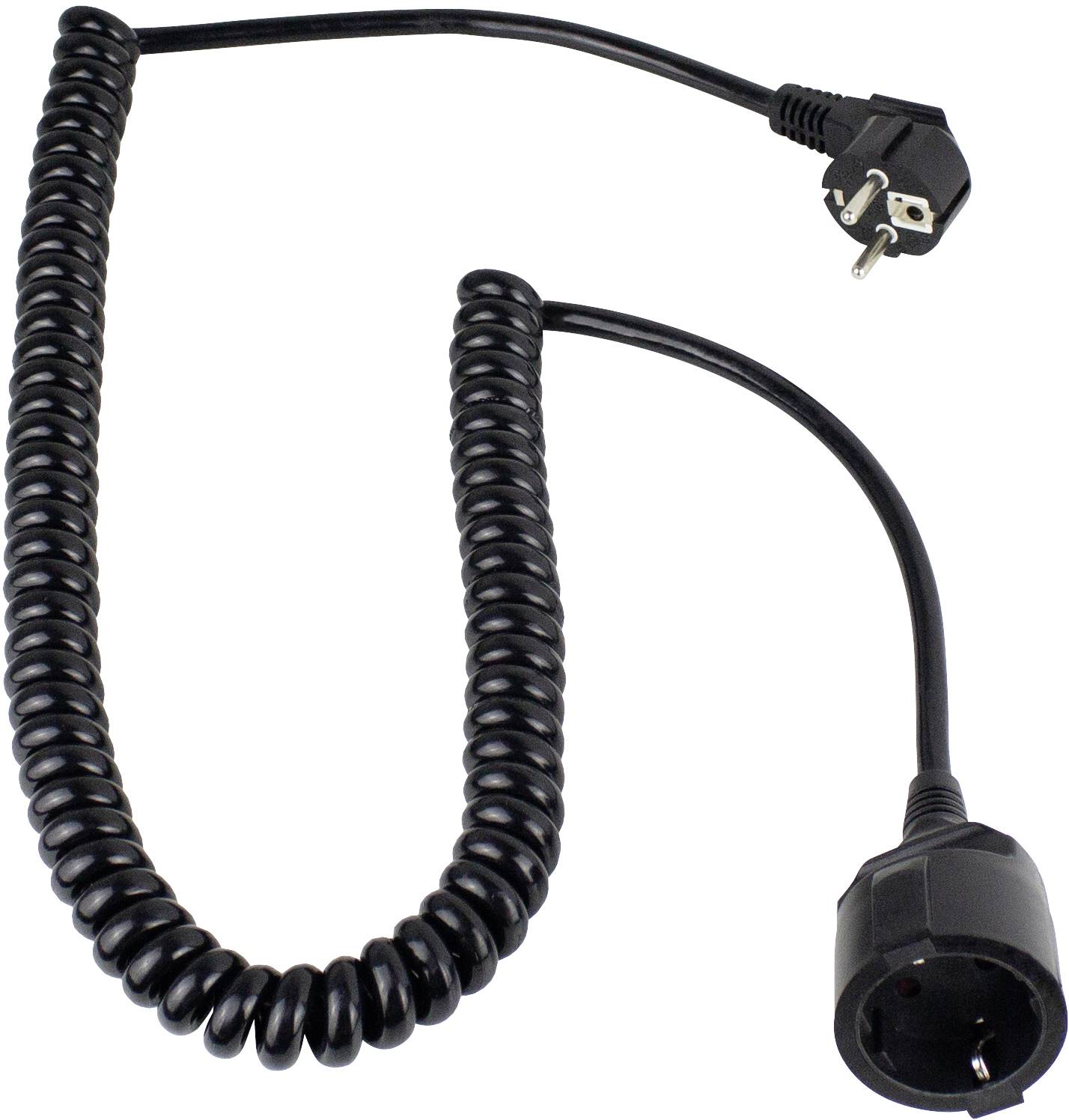 Svart spiralkabel med uttag och stickkontakt i ändarna, lämplig för flexibel strömöverföring.