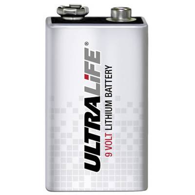 Litium-batteri märkt 'Ultralife 9 Volt'. Lämplig för elektroniska enheter, känd för sin långa livslängd.