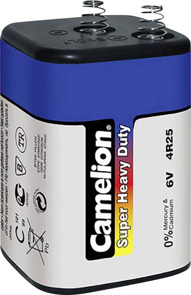 En fyrkantig 6V-batteri från Camelion med texten 'Super Heavy Duty'. Den har två metallkontakter längst upp.