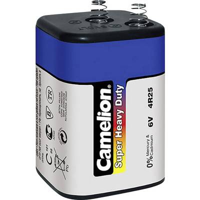 En fyrkantig 6V-batteri från Camelion med texten 'Super Heavy Duty'. Den har två metallkontakter längst upp.
