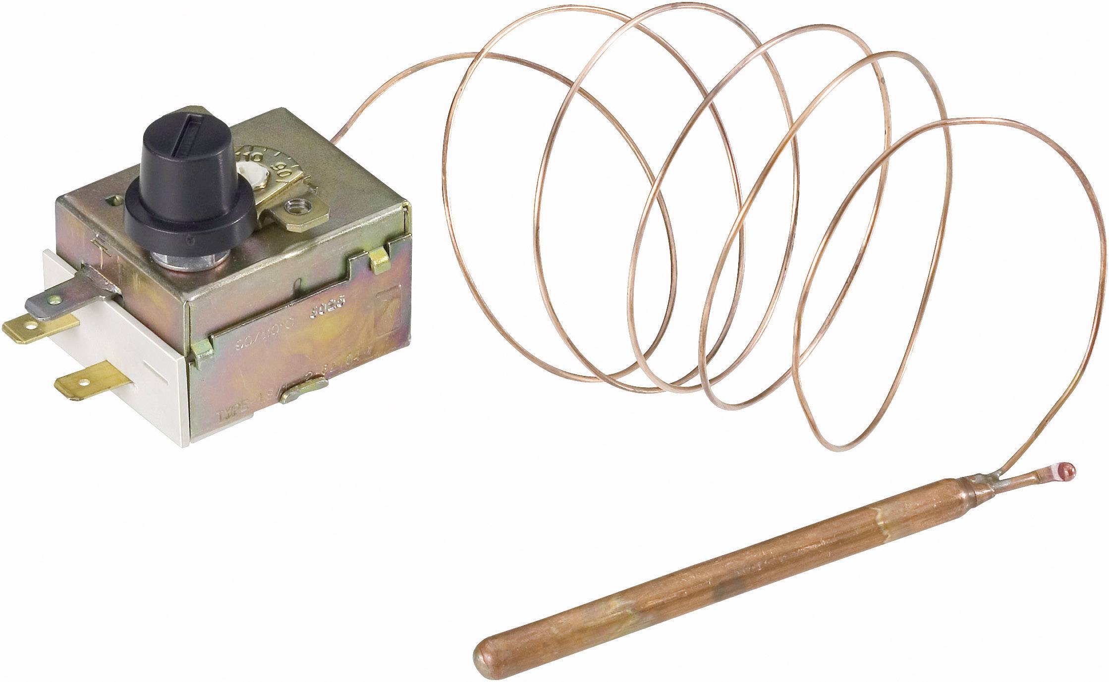 Kylskåpstermostat med kopparkapillär och inställningsratt. Används för att reglera innertemperaturen i kylskåp och frysar.