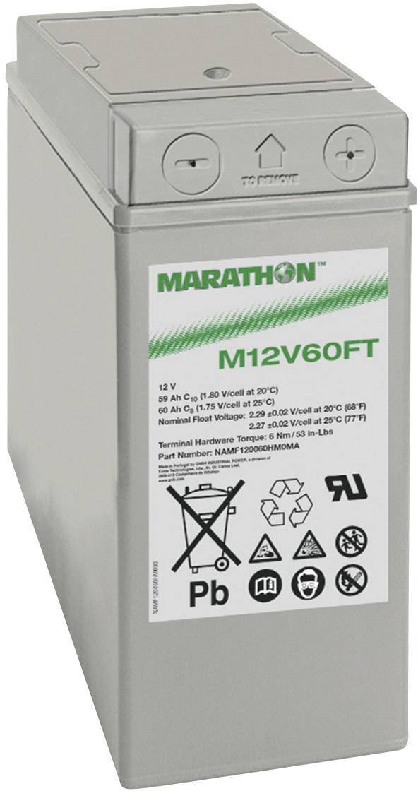 Marathon M12V60FT-batteri, 12V, kapacitet 60 Ah, AGM-teknik. Rektangulär form, grått hölje, övre anslutningar.