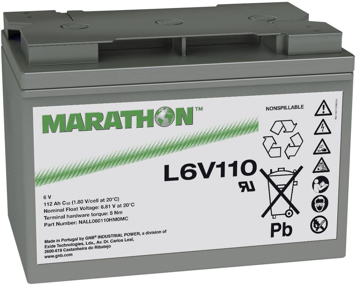 Marathon L6V110 batteri, 6V, spillsäker, med återvinningssymbol. Designat för industriella tillämpningar, grått hölje.