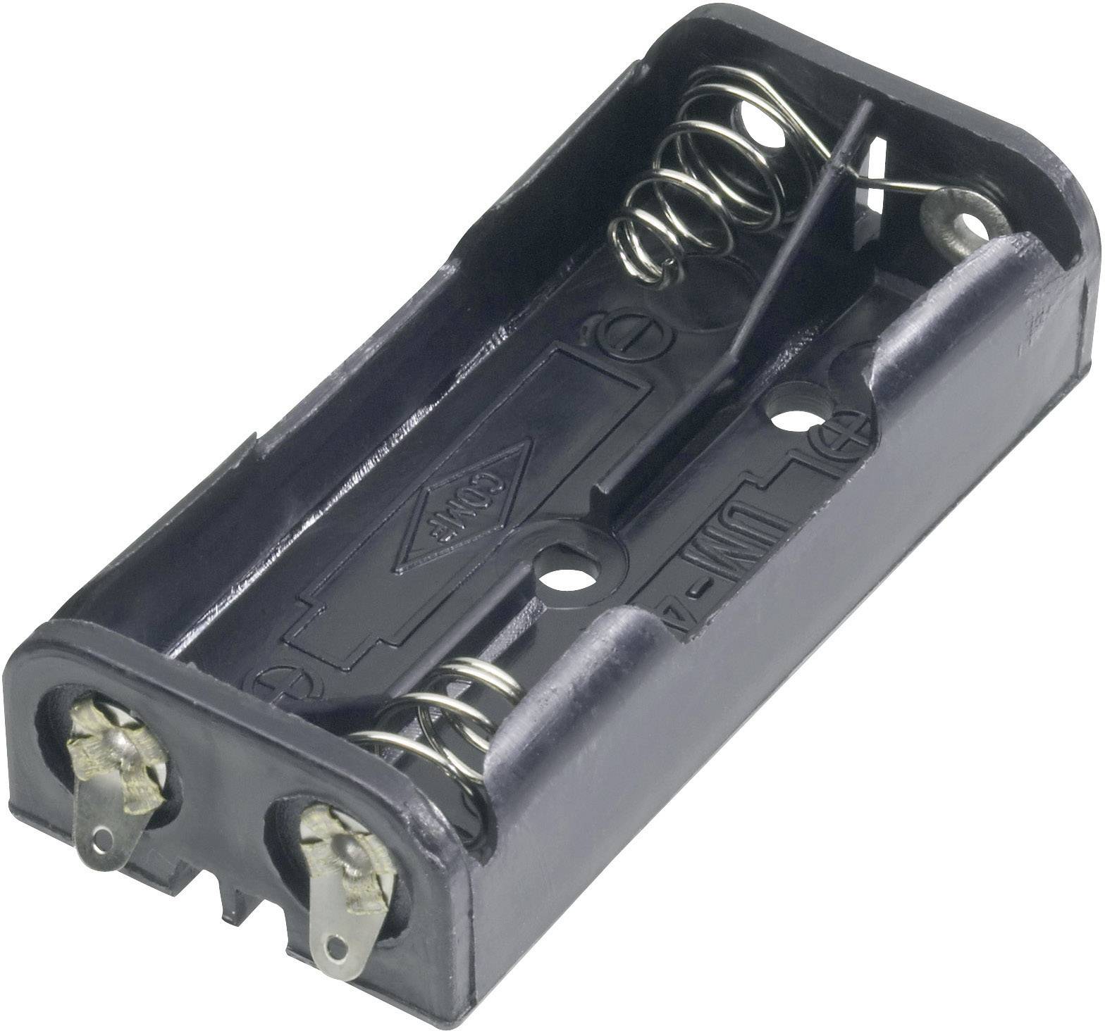 Svart plastbatterihållare med plats för två AA-batterier, synliga metallfjäderkontakter i båda ändar.