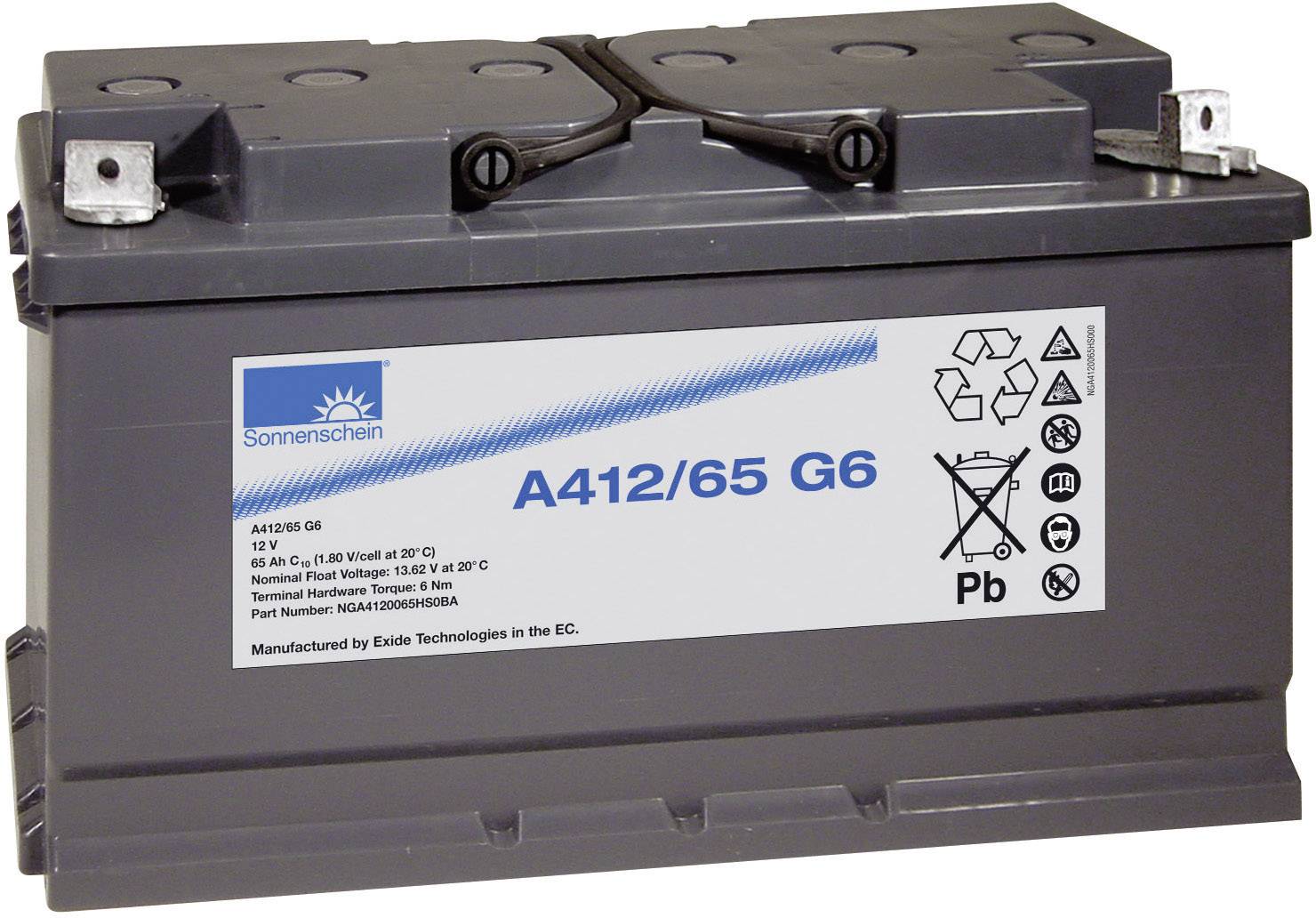 Grå batteri med blå text 'A412/65 G6'. Innehåller symboler för återvinning och bly. Produkt från Sonnenschein.