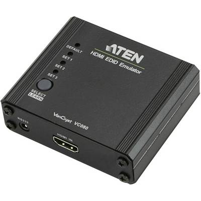 Liten svart HDMI EDID-emulator med flera inställningsalternativ och HDMI-ingång. Modell: Aten VC080.