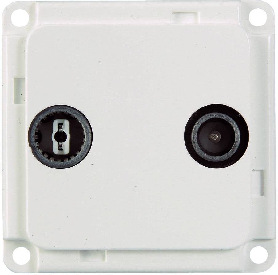 Vit antennbox med två anslutningar för TV och radio, rektangulär form, med synliga fästhörn.