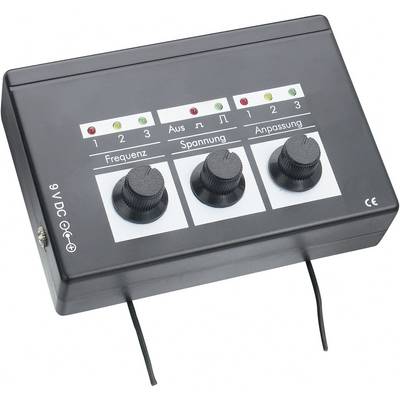 Svart-grått manöverpanel med tre vred för 'Frekvens', 'Spänning', 'Anpassning' och LED-indikatorer. Märkning: '9V DC'.