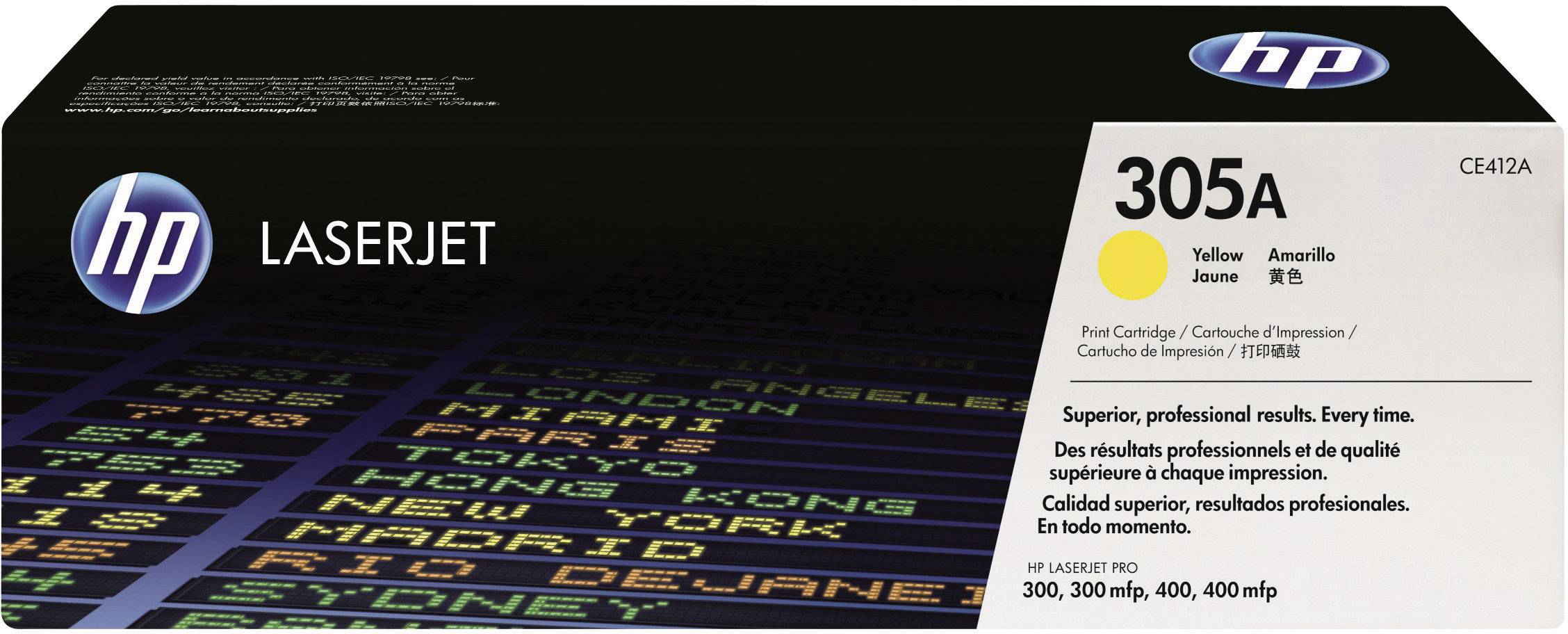 HP LaserJet tonerkassett 305A Gul. Förpackningen visar text om skrivarkompatibilitet. Högkvalitativa resultat, professionella utskrifter.