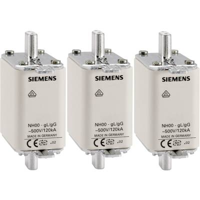 Tre vita Siemens säkringsinsatser, typ NH00, gL/gG, 500V/120kA. 'Made in Germany.'