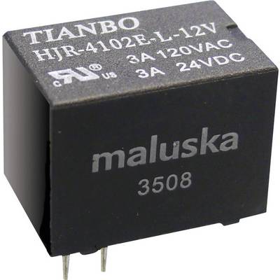 Relä märkt 'TIANBO HJR-4102E-L-12V'. Specifikationer: 3A 120VAC, 3A 24VDC. Undersidan visar metallstift för montering.