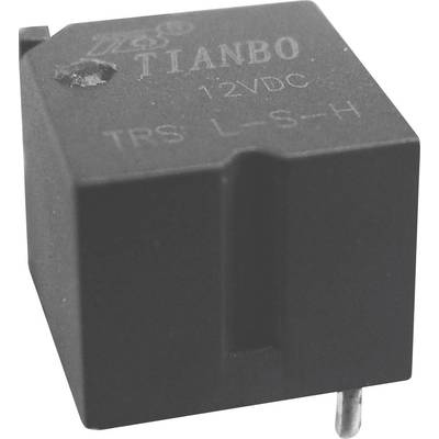 Liten, svart elektrisk reläenhet märkt 'TIANBO 12VDC TRS L-S-H'. Den har tre metallstift på undersidan.