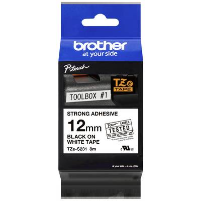 Brother P-touch förpackning för 12 mm brett, mycket vidhäftande svart-på-vitt band (TZ-s231), lämpligt för märkningsmaskiner.