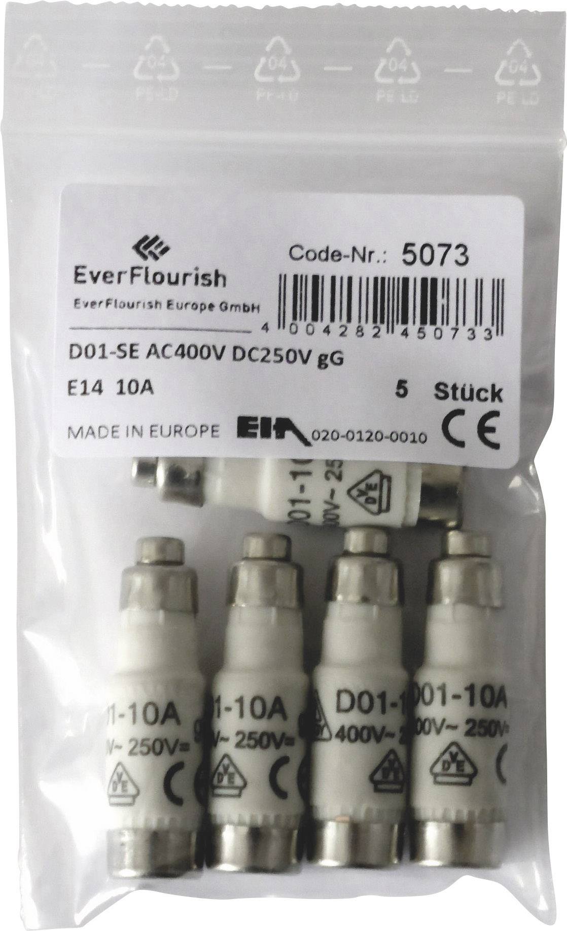 Fem vita keramiska säkringar, märkta med 'D01-10A 400V-250V', förpackade i en genomskinlig plastpåse.