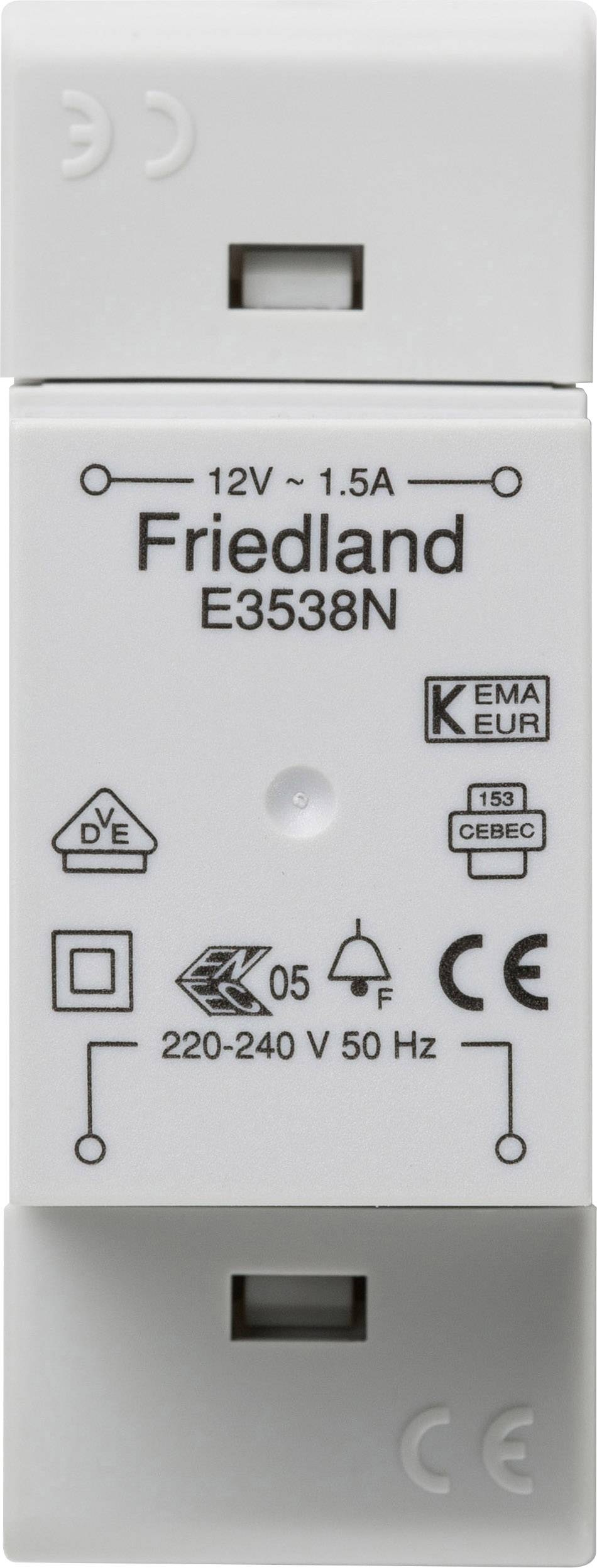 Elektriskt ringklocksmodul Friedland E3538N, lämplig för 12V, 1,5A, driftspänning 220-240V, 50Hz. CE- och KEMA-KEUR-certifierad.