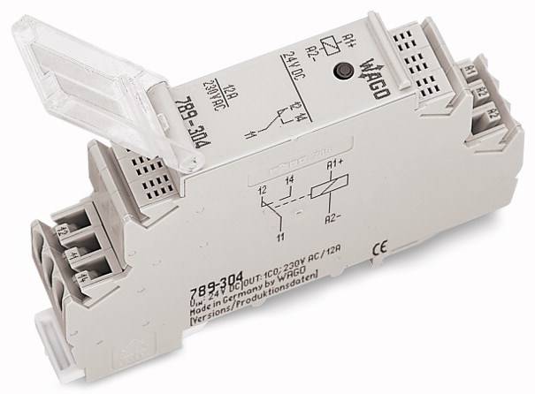 Elektriskt komponentsystem från WAGO för DIN-skensmontering, modell 789-304, med synliga tekniska specifikationer och anslutningar.