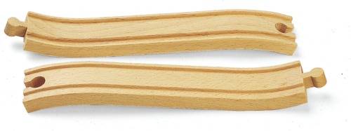 Två böjda träjärnvägsräls med förbindelsestift, passande för en leksaksjärnvägsuppsättning. De är tillverkade av ljust trä.