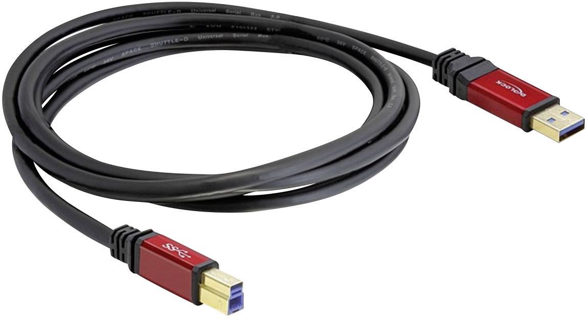 USB-kabel med röda kontakter, med en Typ-A och en Typ-B-anslutning, lämplig för anslutning av enheter som skrivare.
