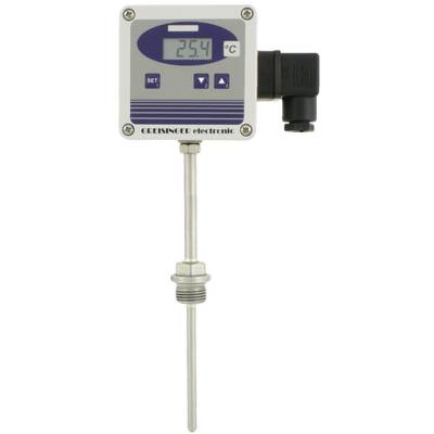 Temperatursensor med digitalvisning, visar '25,4 °C'. Silverfärgad med blå och vit framsida, lämplig för industriella tillämpningar.