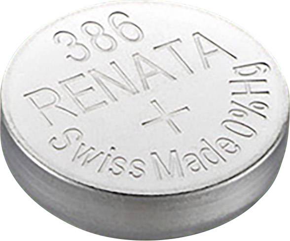 Silverfärgad knappcell med texten '386 RENATA Swiss Made 0%Hg'.