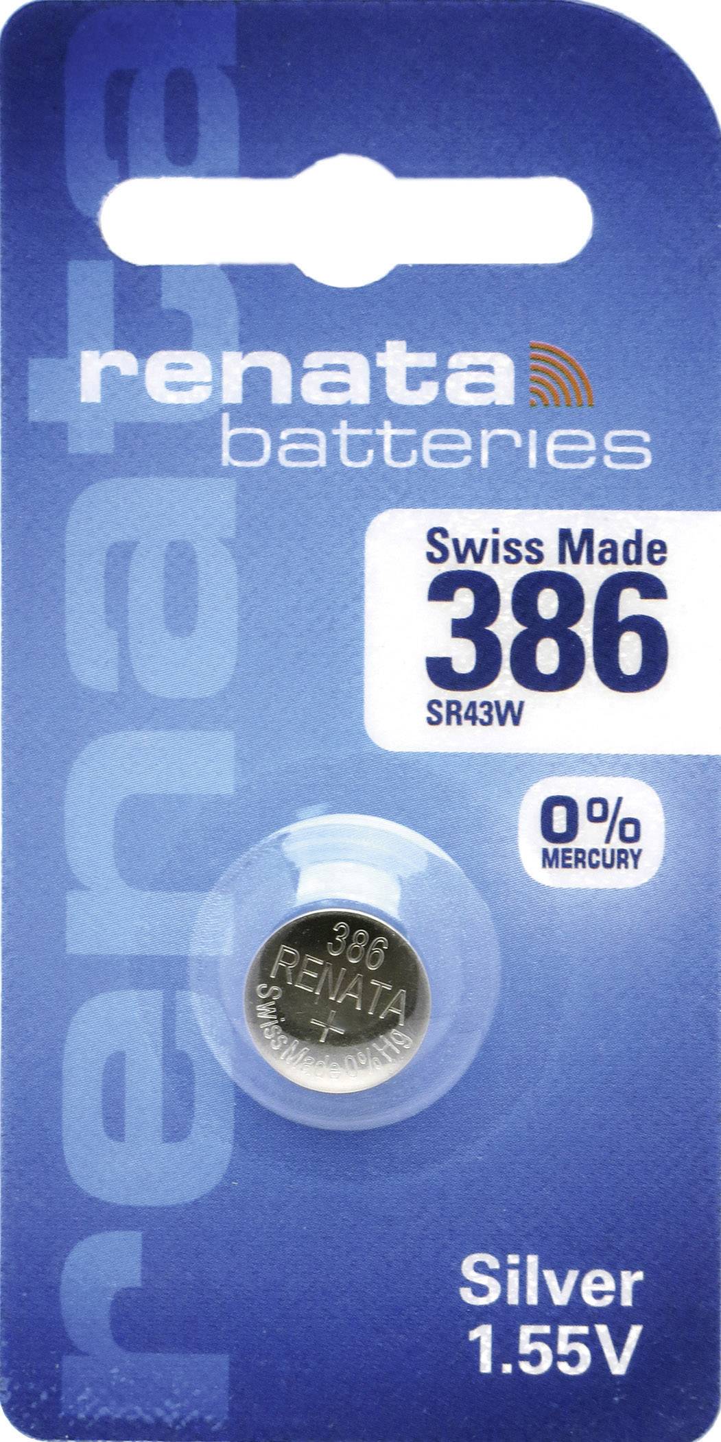 Blisterförpackning med en silveroxidknappcell av märket 'Renata', typ '386 SR43W', 1,55V, kvicksilverfri, Tillverkad i Schweiz.