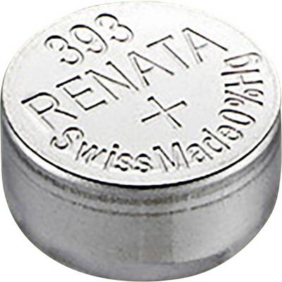 Silverfärgad knappcellsbatteri med texten 'RENATA 393', 'Swiss Made'.