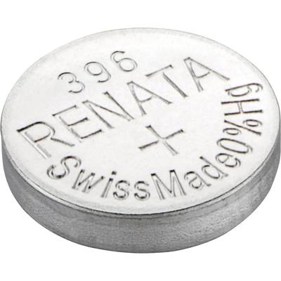 Rund silverfärgad knappcell märkt '396 Renata Swiss Made'.