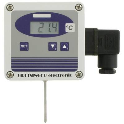 Digitalt termometer visar 21,4 °C. Enheten har knappar för 'Set', '1' och '2'. Märke: GREISINGER electronic.