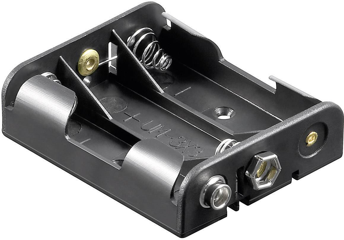 Svart batterihållare för två AA-batterier, med metallkontakter och fjädermekanism, mot vit bakgrund.