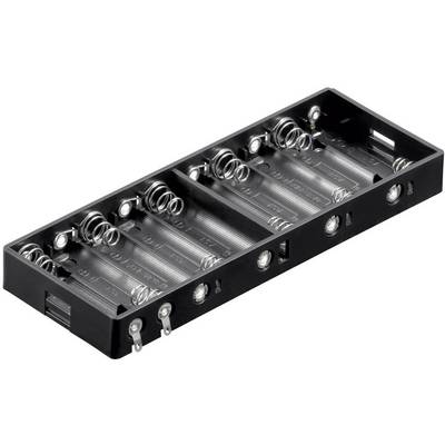 En tom batterihållare för åtta AA-batterier, tillverkad av svart plast, med metallkontakter och fjädrar för att säkra batterierna.