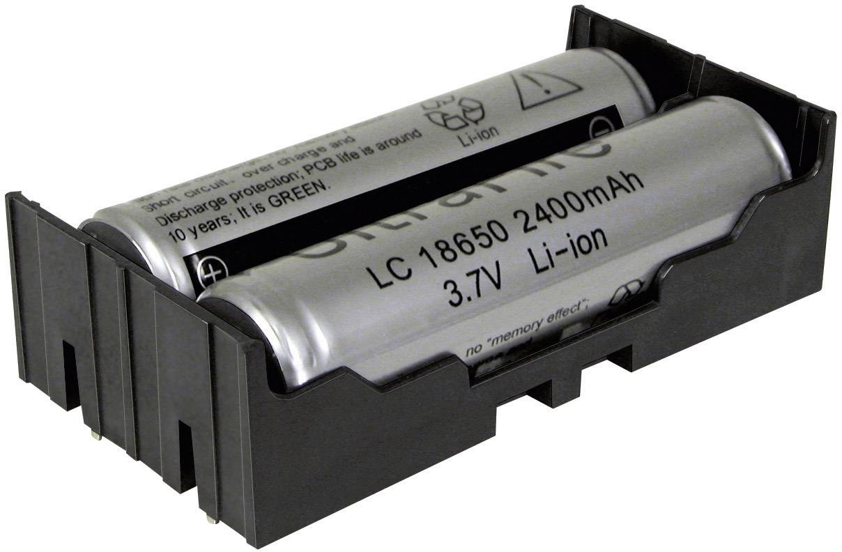 Två silverfärgade 18650 Li-jon-batterier med 3,7 volt och 2400 mAh i ett svart hållare.