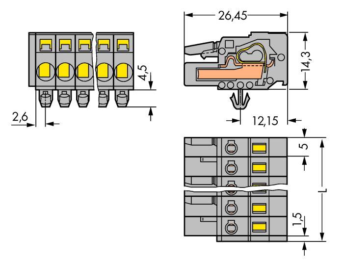 Teknisk ritning av en elektrisk kontakt med dimensioner: 26,45 x 14,3 mm, anslutning för kabel, sidovy.