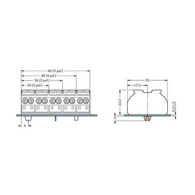 Teknisk teckning av en elektrisk kontakt. Till vänster detaljvy med dimensioner, till höger sidovy med vertikala mått.