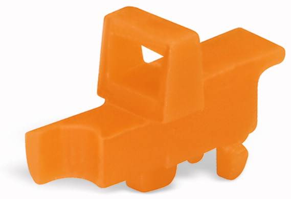 En liten, orangefärgad plastleksak i form av en lastbil med stiliserade hjul och en öppen hytt.