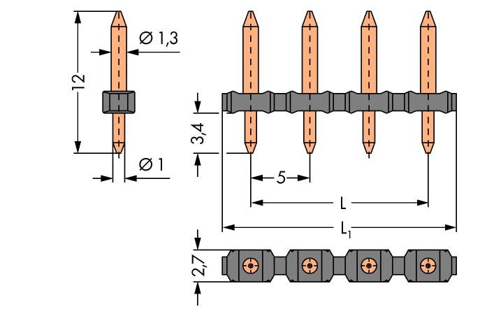 Elektronisk kontaktdon ritning med fyra orangea stift. Mått: Diameter 1,3 mm, bredd 12 mm, längd L1, avstånd 5 mm.