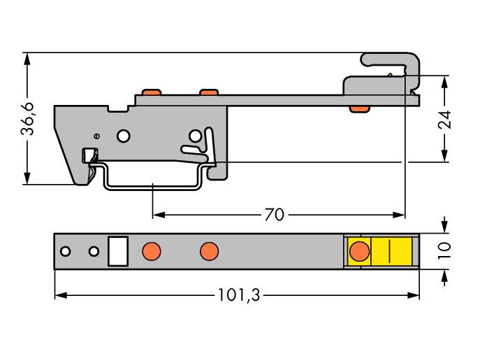Teknisk ritning av en metallbeslag med dimensioner. Ovanför: 36,6 x 70 mm. Nedanför: 101,3 x 10 mm. Markerad: orange och gul.