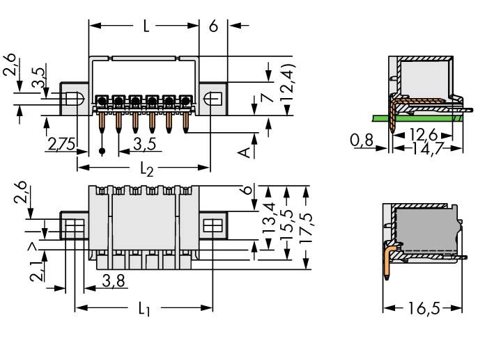Teknisk ritning av en elektronisk komponent med mått och tvärsnittsvyer. Flera vyer visar olika dimensioner.