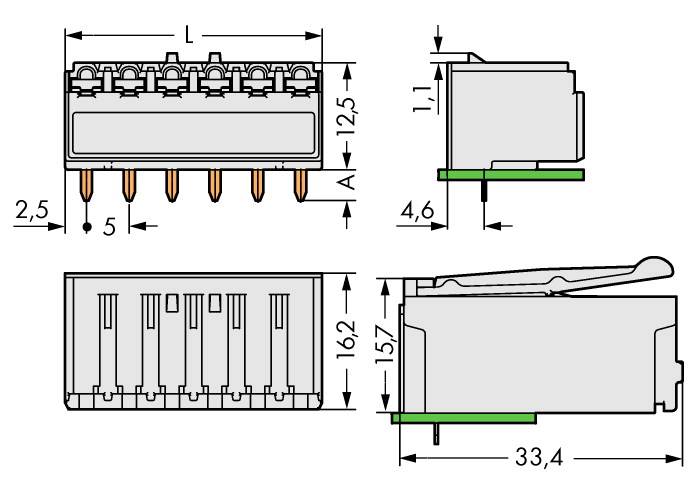 WAGO Sockelhuskort 2092 Totalt antal poler 2 Rastermått: 5 mm 2092-1322 200 st