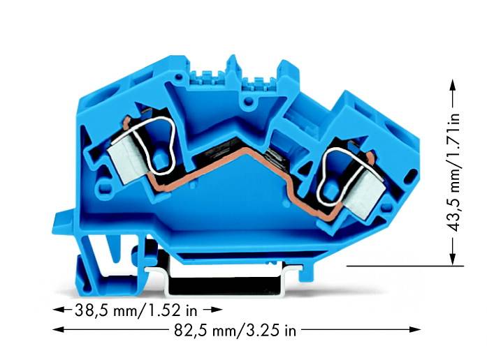 Blå elektrisk anslutningsblock med sidoinsatta metalldetaljer. Dimensioner: 38,5 mm x 43,5 mm x 82,5 mm.