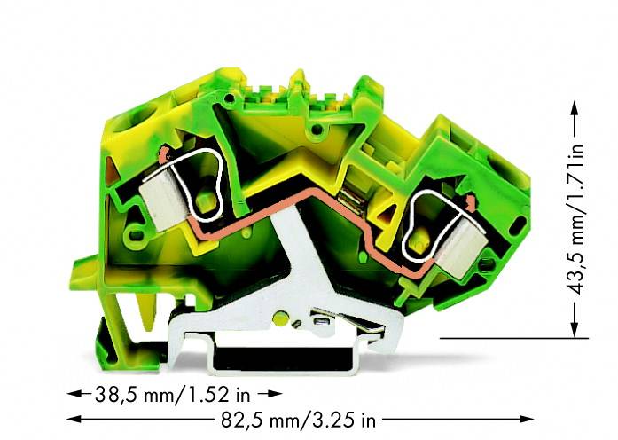 Kompakt gröngul klämma med dimensionerna 38,5 mm x 82,5 mm x 43,5 mm, visar metallkontakter och isolationsskikt.
