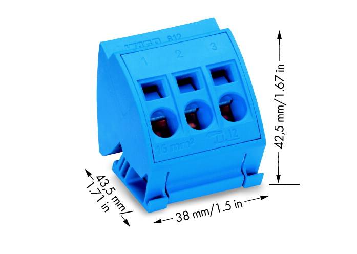 'Bild av en blå elektrisk kontakt med tre anslutningar, höjd: 42,5 mm (1,67 tum), bredd: 43,5 mm (1,71 tum), djup: 38 mm (1,5 tum).'