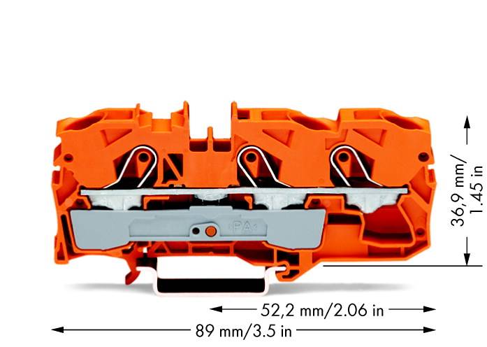 Orange elektrisk kontakt, sidovy visar mått: 52,2 mm bredd, 36,9 mm höjd, 89 mm längd.