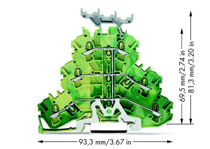 Trestegskontaktblock i grönt med dimensioner: bredd 93,3 mm (3,67 tum), höjd 69,5 mm (2,74 tum) nertill, 81,3 mm (3,20 tum) upptill.