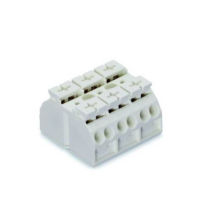 Vit elektrisk kläm med tre anslutningar, lämplig för att koppla samman trådar i elektroniska och elektriska tillämpningar.