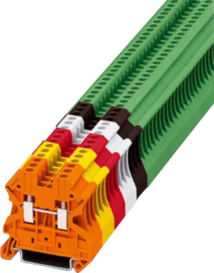 Flerfärgat, stapelbart elektriskt kopplingsblocksmodul med grön, orange, röd, vit och svart färgsegmentering.