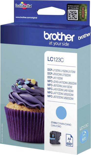 'Brother LC123C' bläckpatron, cyan, kompatibel med olika skrivarmodeller. Bild av en cupcake på framsidan.
