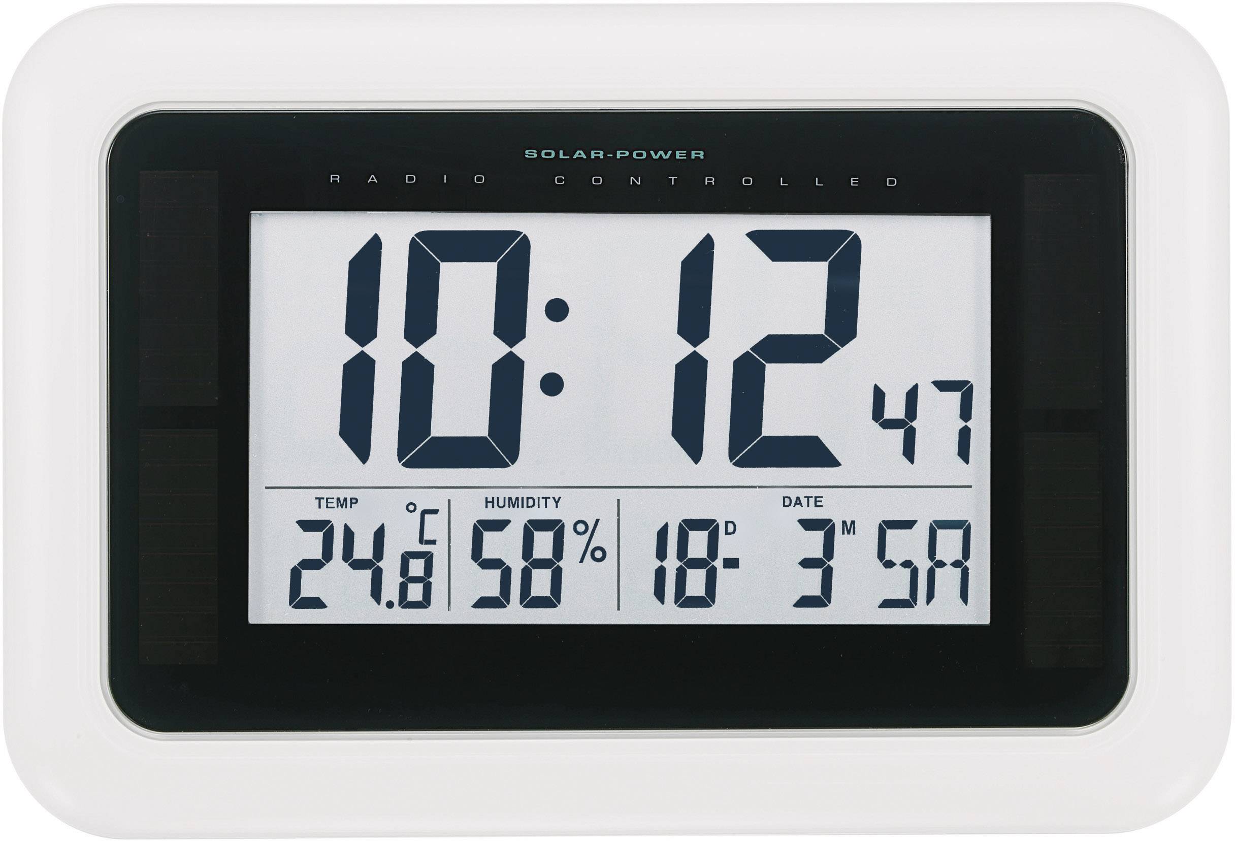 En digital radioklocka visar tiden 10:12:47, temperatur 24,8°C, luftfuktighet 58% och datum 18 mars, lördag.