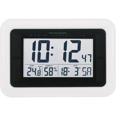 En digital radioklocka visar tiden 10:12:47, temperatur 24,8°C, luftfuktighet 58% och datum 18 mars, lördag.