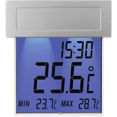 Digital termometer med blå display. Aktuell temperatur: 25,6 °C. Tid: 15:30. Lägsta temperatur: 23,7 °C, Högsta temperatur: 28,7 °C.